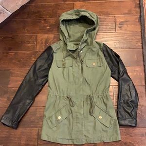 Mossimo military style jacket with faux leather sleeves